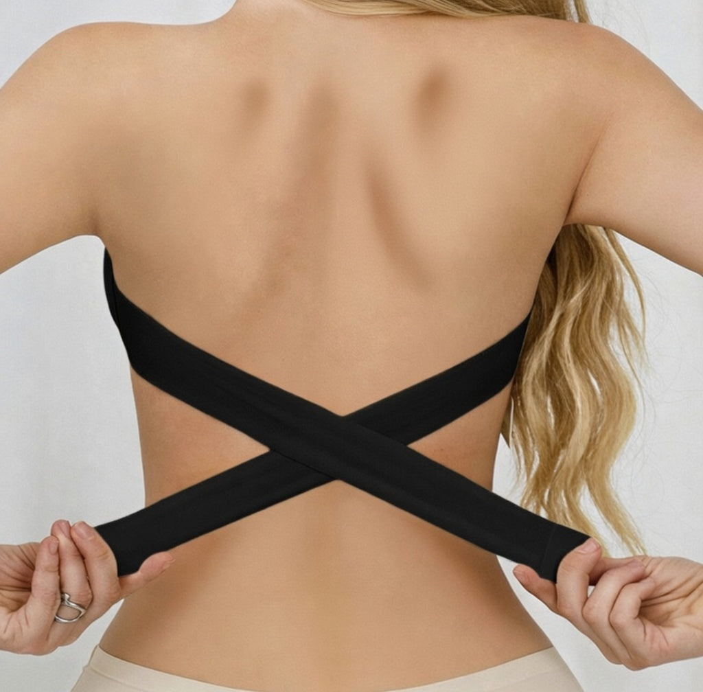 Shoulderless cross-over side-buckle bra